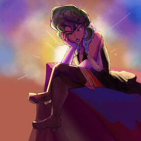 Original Character Bard Girl Bard Girl is winking at you with a colorful sunset behind her