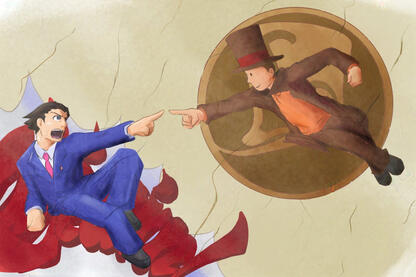 Fan Illustration: Layton x Phoenix Wright Professor Layton as God and Phoenix Wright as Adam in a recreation of The Creation of Adam
