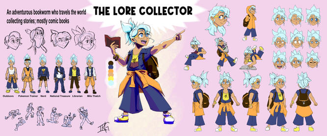 Character sheet for Original Character, The Lore Collector Character sheet that covers ideation, a full turn around, poses, and expressions for her