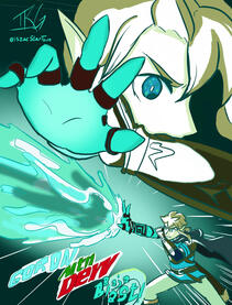 Fan Illustration: Goron Mountain Dew - Baja Blast Link from Tears of the Kingdom shooting Mtn Dew Baja Blast from his hand like an energy beam