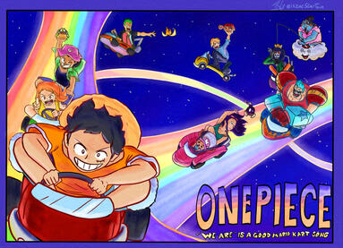 Fan Illustration: One Piece x Mario Kart Straw Hat Crew from One Piece driving on Rainbow Road from Mario Kart